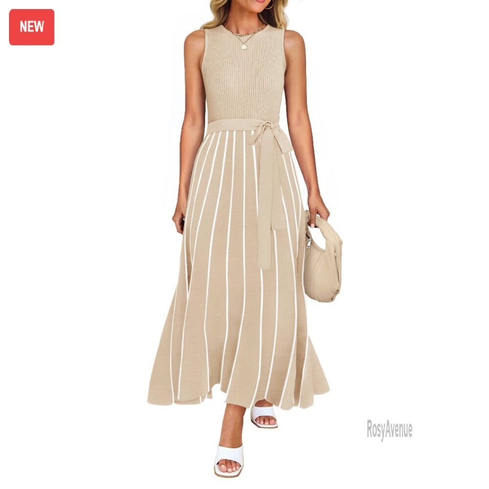 Sleeveless Maxi Dress Ribbed Knit Tie Waist A-Line Summer Casual